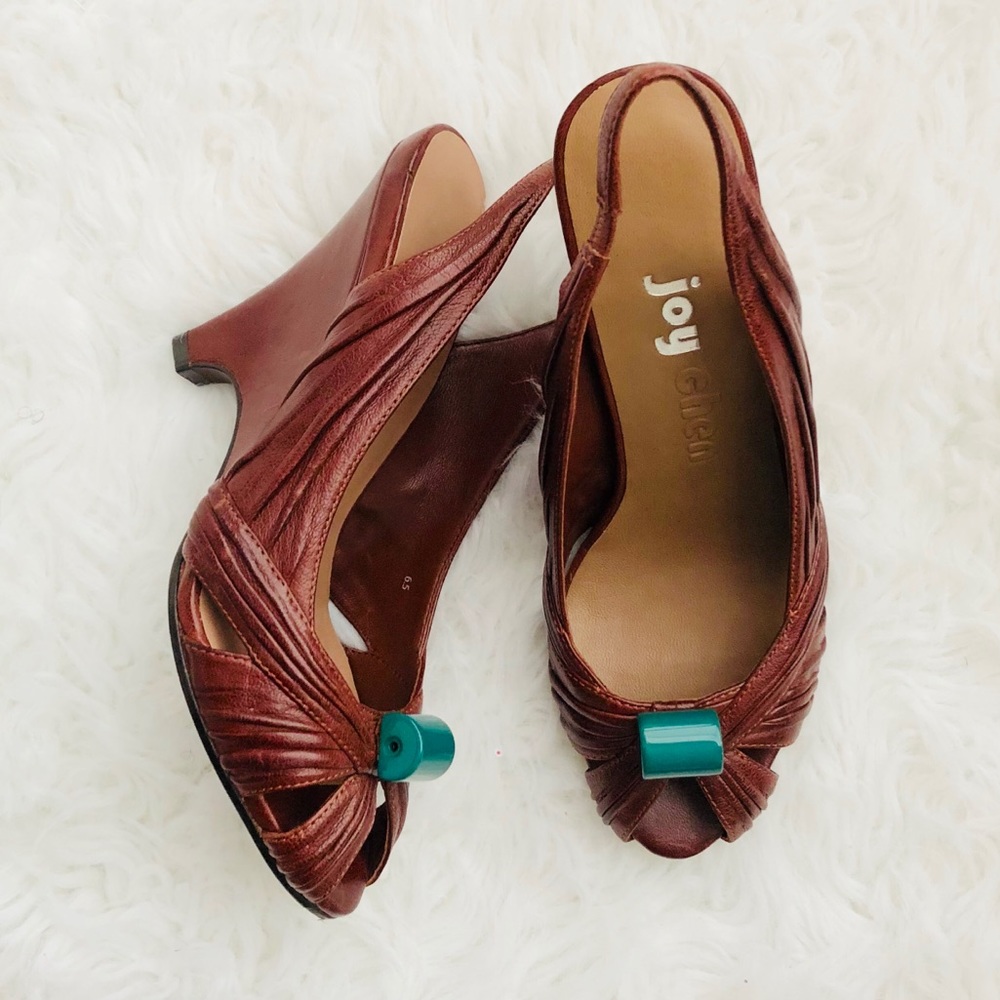 JOY CHEN Leather Peep-toe Wedge Shoes Sz 6.5